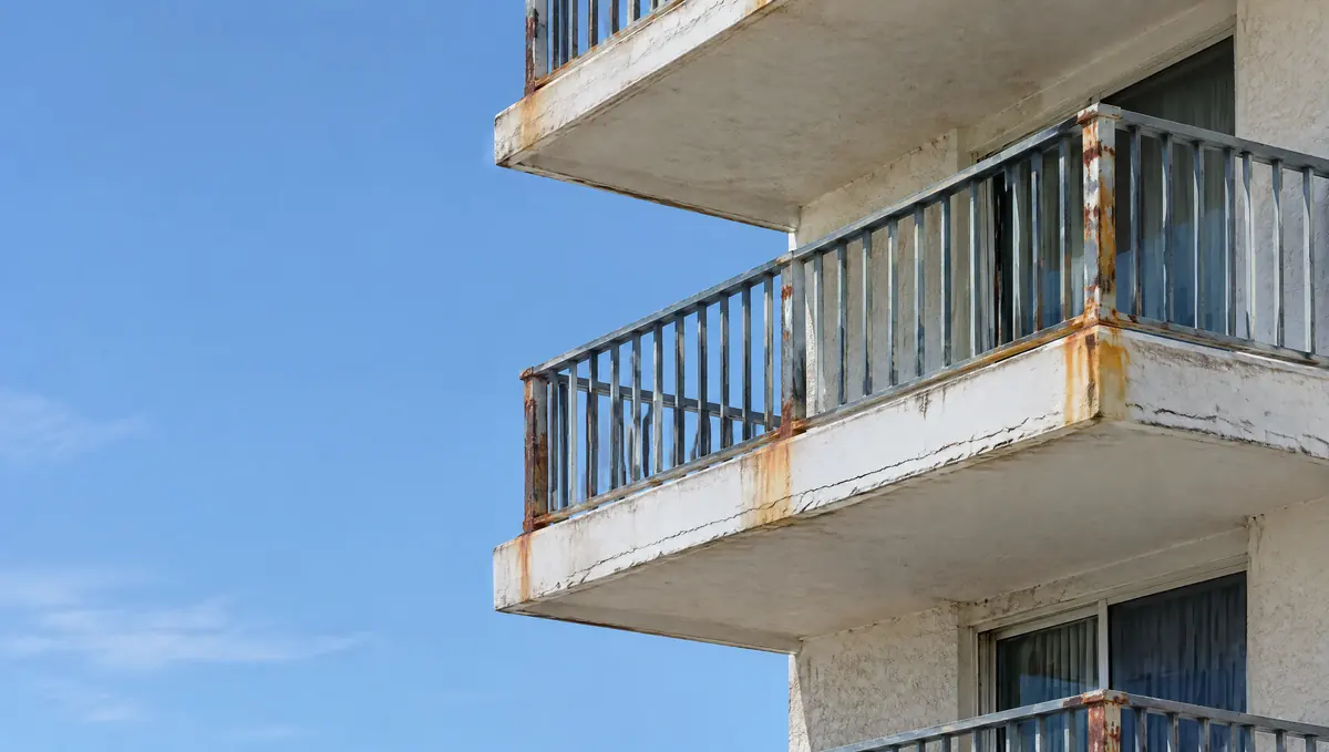 Aged condominium balconies with hairline cracks and rust stains running down from old railing posts