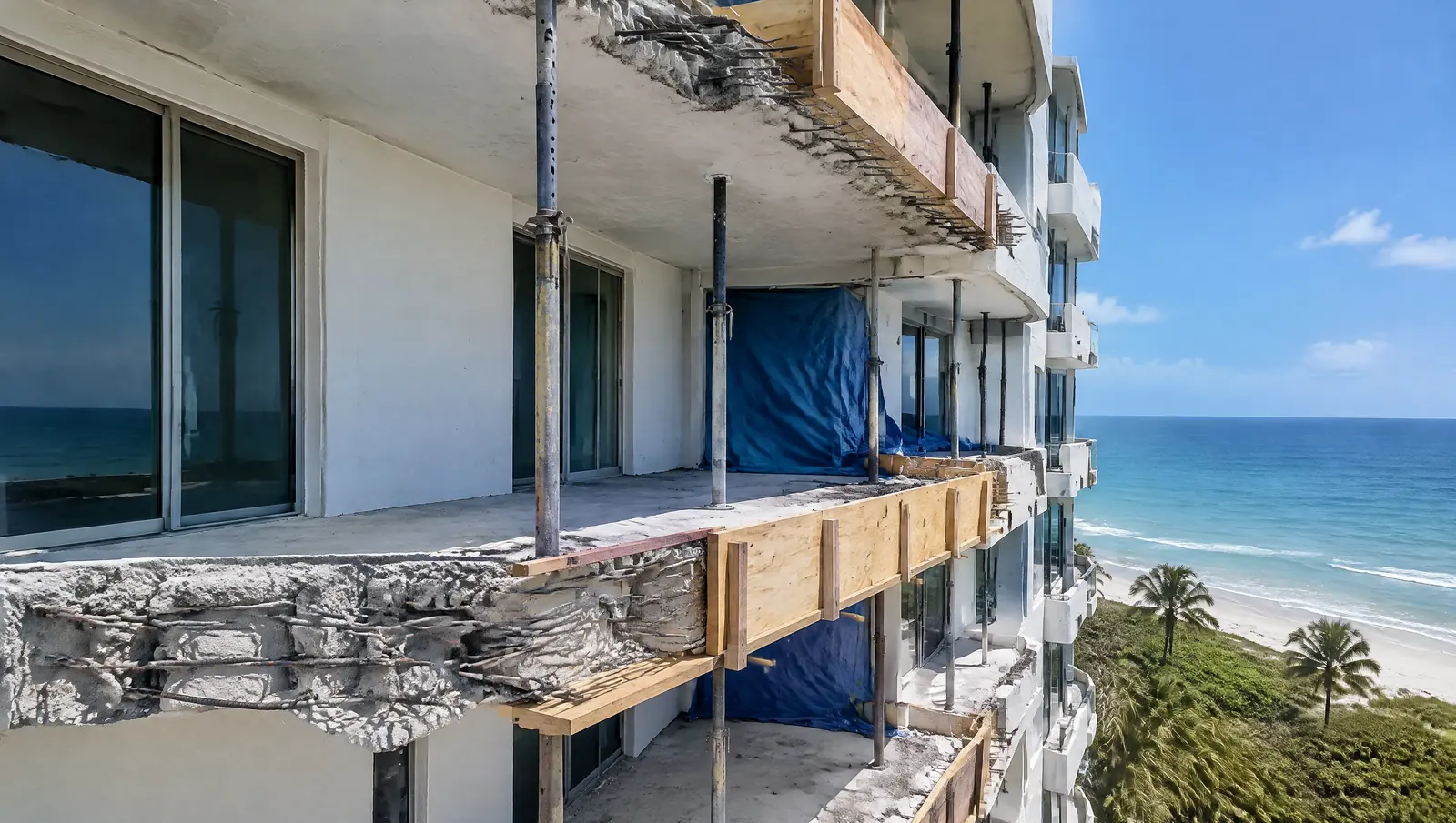 Condo balcony slab edges chipped back to the reinforcing steel with plywood forms and steel shoring posts between floors