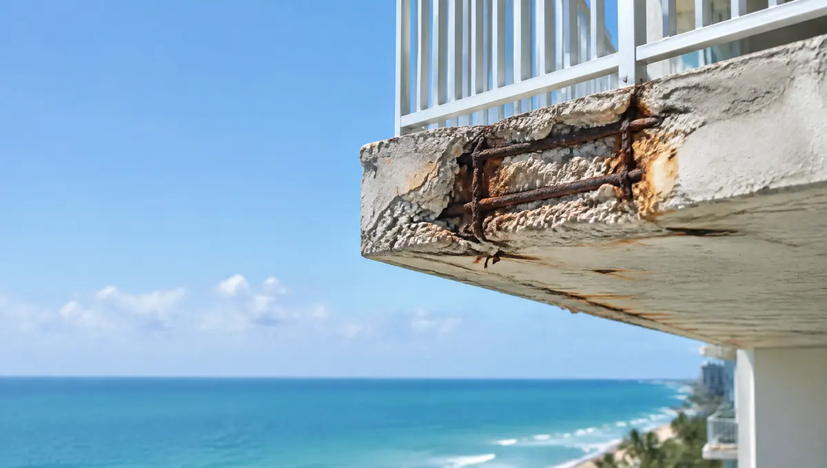 Spalled concrete with exposed rusted rebar on the edge of a condo balcony slab above the ocean