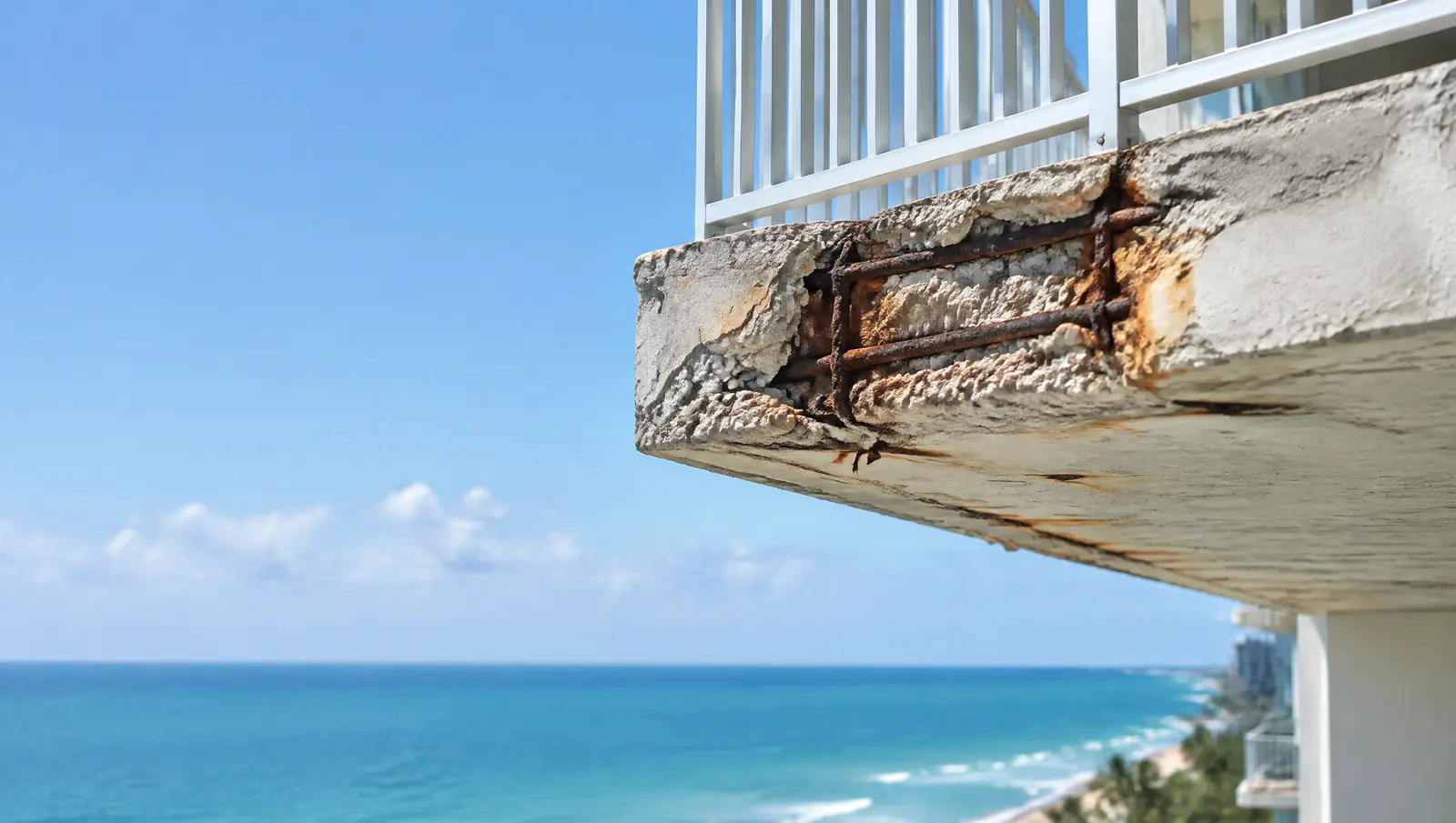 Spalled concrete with exposed rusted rebar on the edge of a condo balcony slab above the ocean
