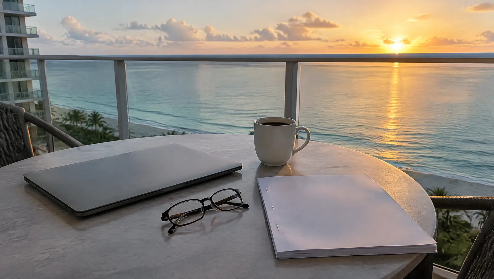 Balcony table with a closed laptop, reading glasses, coffee and a stapled booklet at sunrise over the ocean