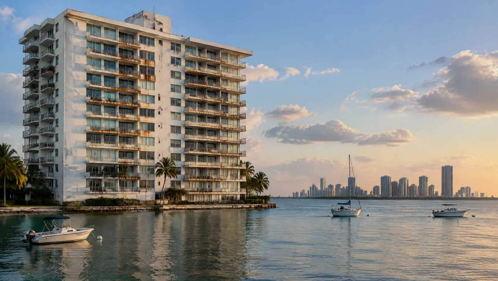 Older condominium tower with an aged facade on the shore of Biscayne Bay with small boats in front