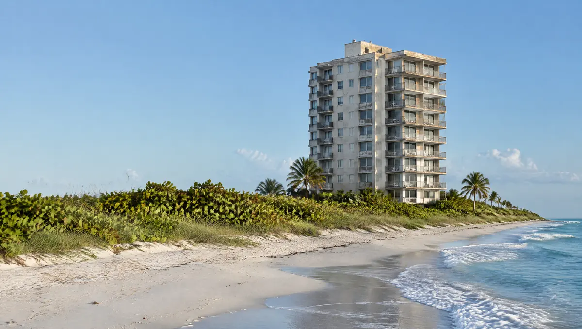 Older twelve-storey condominium directly behind the dunes and sea grape on a barrier island beach