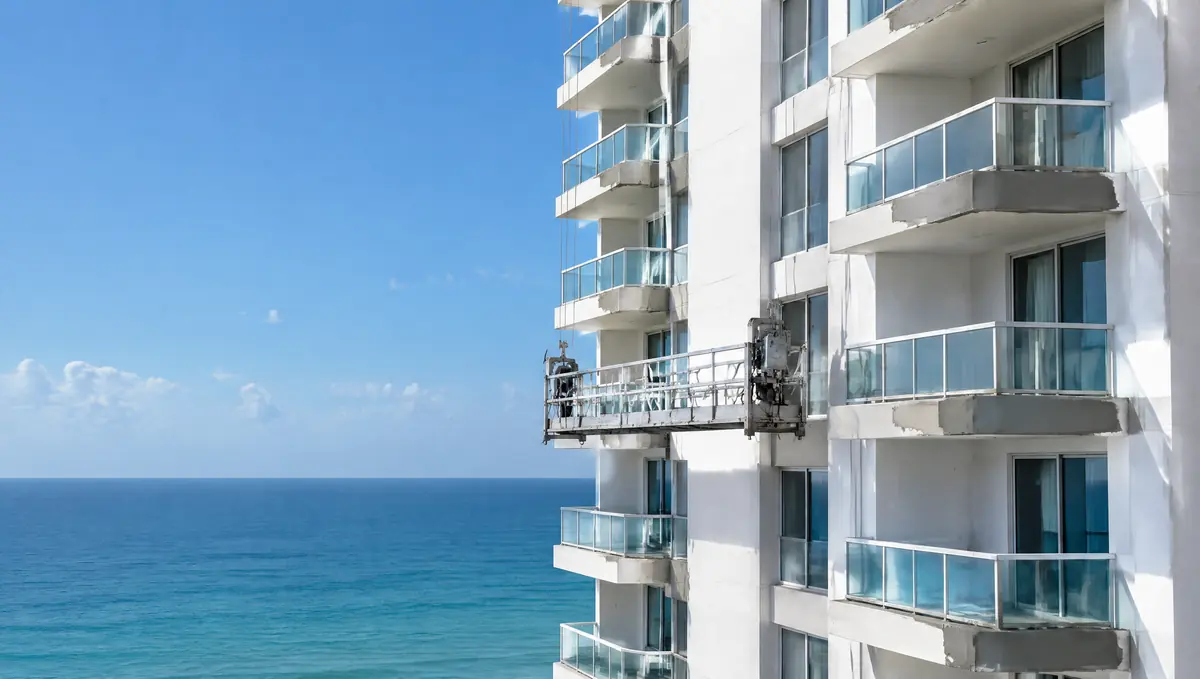 Empty suspended work platform beside rows of balconies on a white oceanfront condominium during concrete restoration