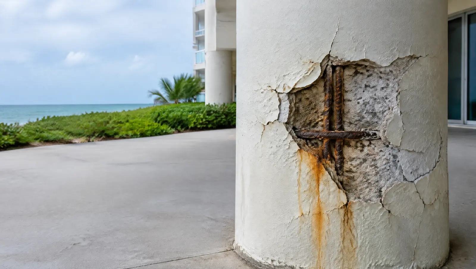 Concrete column with a section of cover broken away to reveal corroded rebar and rust streaks