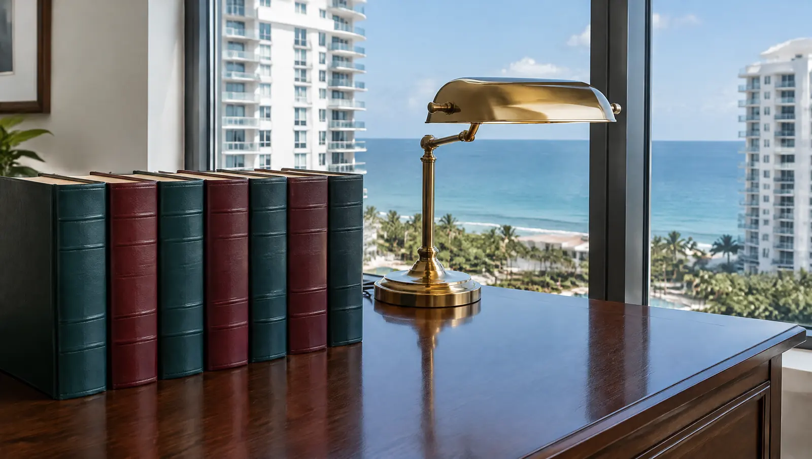 Row of bound law books on a desk by a window overlooking oceanfront condominium towers