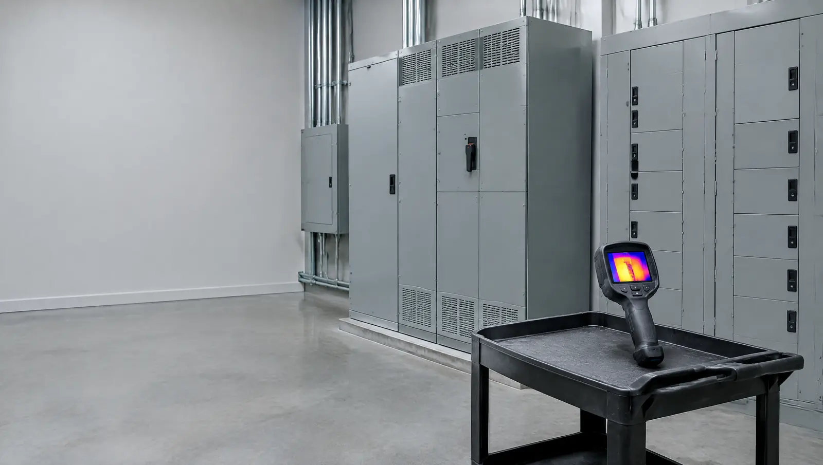 Condominium electrical room with grey switchgear and a handheld thermal imaging camera on a cart