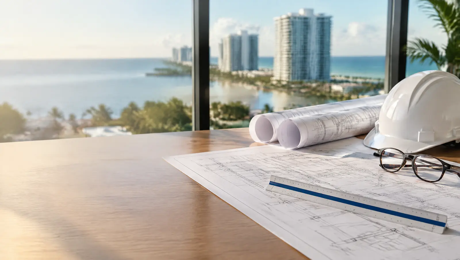 Structural drawings, a scale ruler, a white hard hat and reading glasses on a table near a window