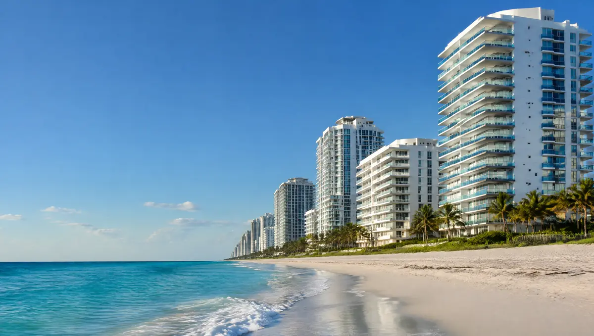 White oceanfront condominium towers with long balconies along a South Florida beach