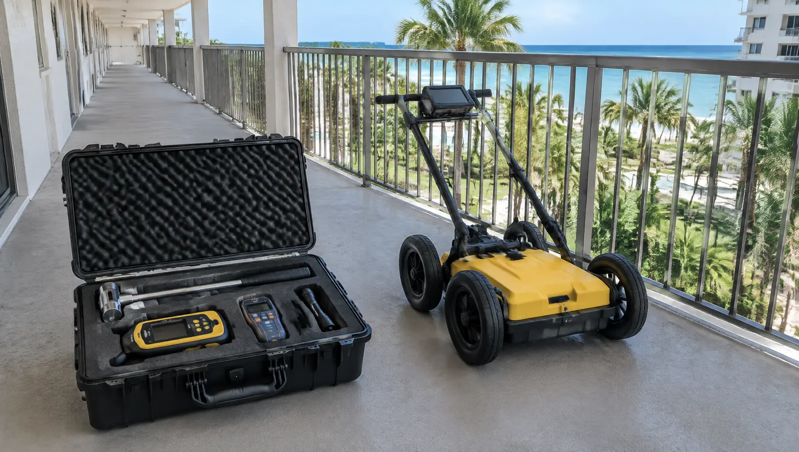 Open equipment case with inspection instruments and a ground penetrating radar cart on a condominium walkway