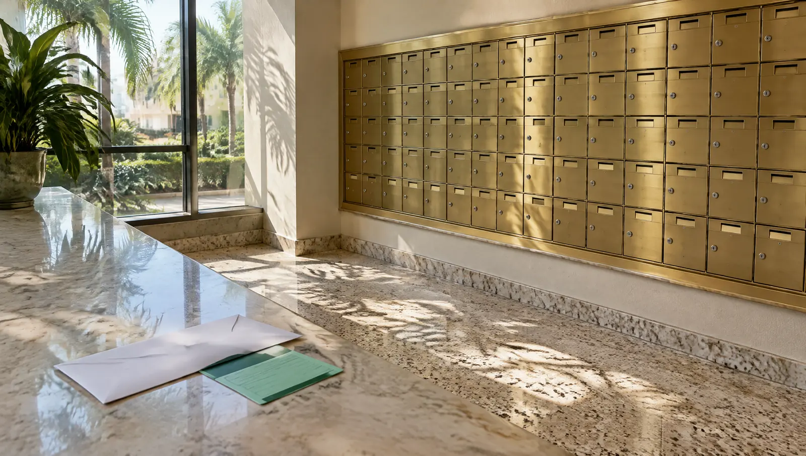 Condominium lobby mail room with brass mailboxes and a certified letter with a green return receipt card on the counter