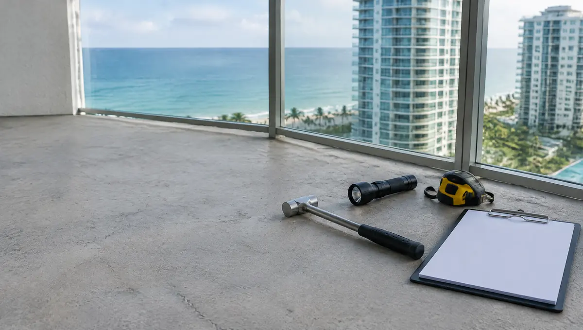 Sounding hammer, flashlight, tape measure and blank clipboard on a condo balcony slab overlooking the ocean