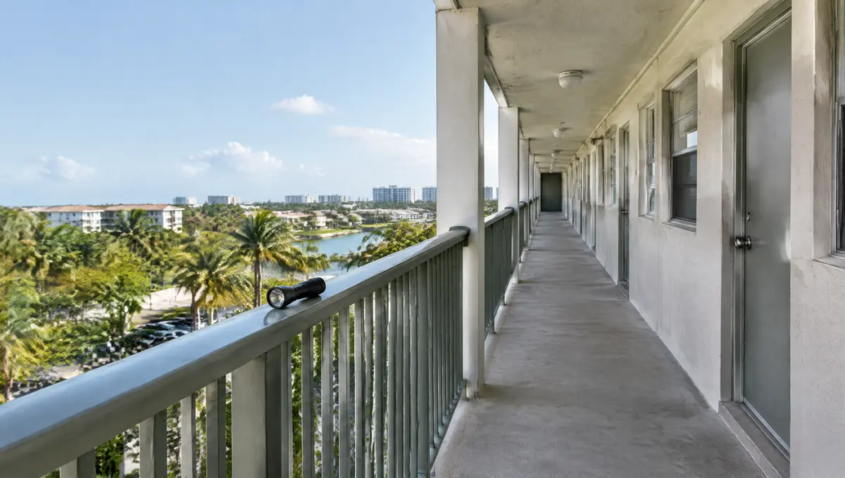 Open-air exterior walkway of an older mid-rise condominium with concrete columns and metal railings