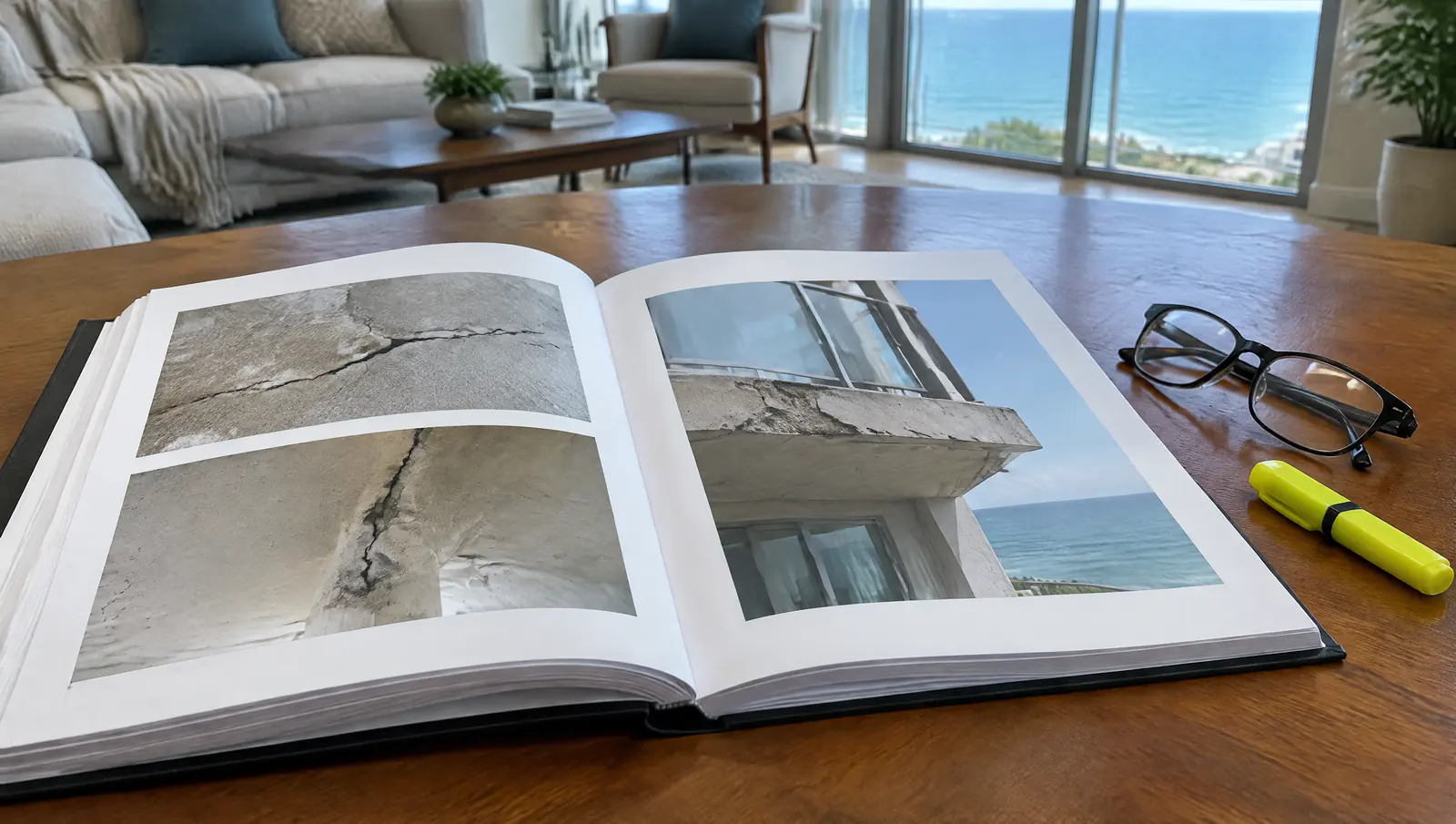 Bound engineering report open to photos of cracked concrete and a balcony slab edge, with reading glasses and a highlighter