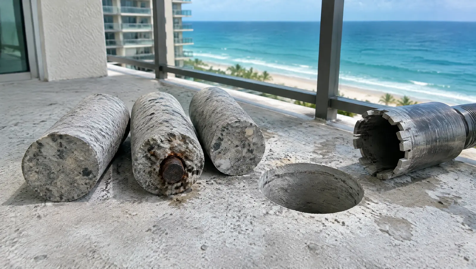 Concrete core samples, one showing a corroded rebar end, beside a cored hole and a core drill bit on a balcony slab