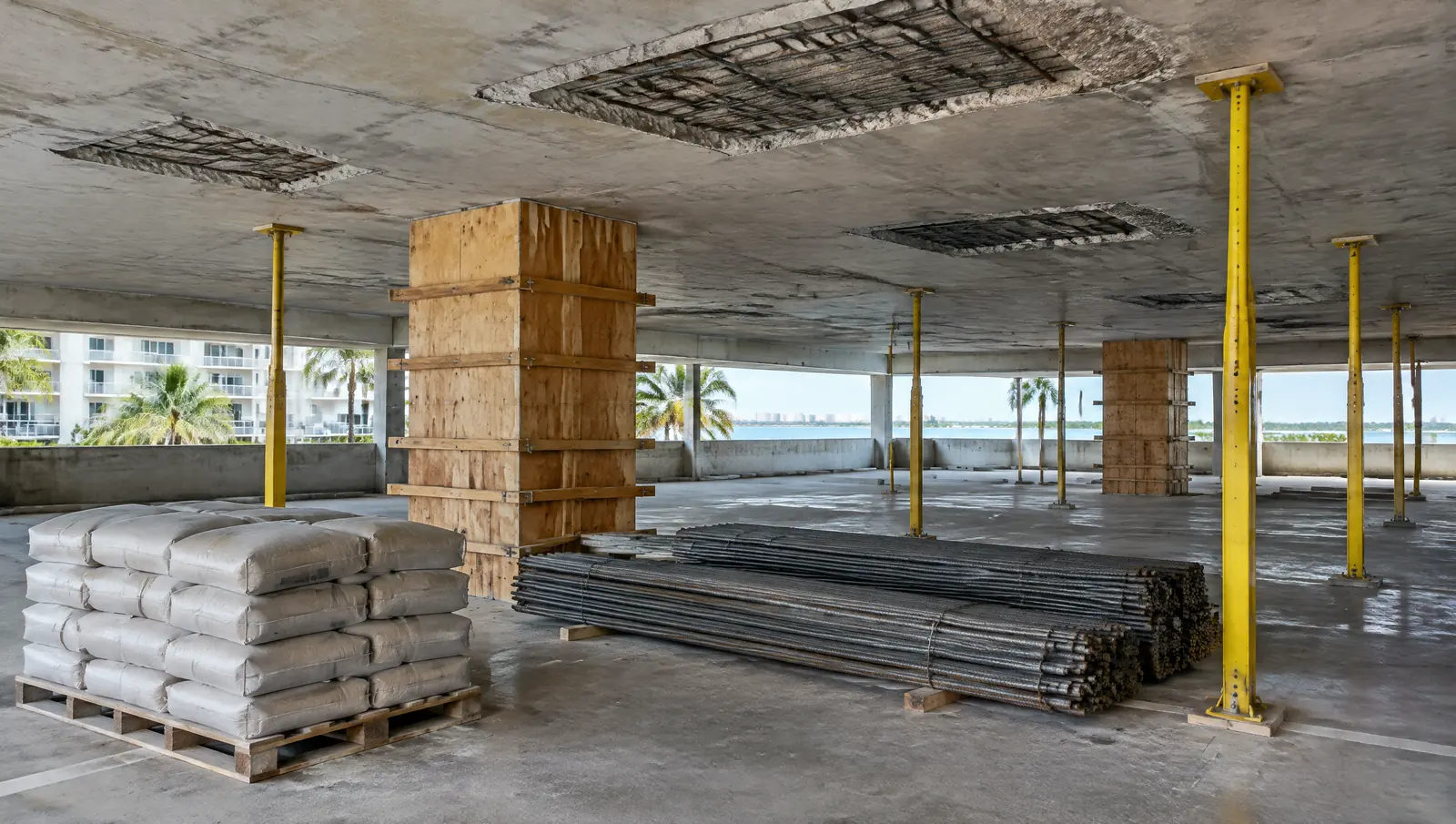 Condo parking garage under repair with bags of repair mortar, bundles of rebar, column formwork and yellow shoring posts