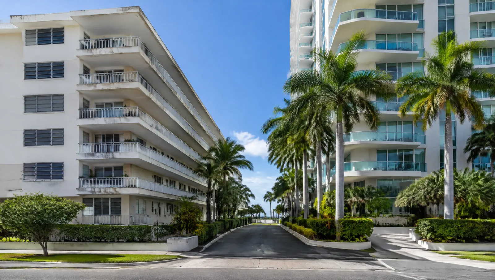 A 1970s mid-rise condominium beside a 2000s high-rise condominium with royal palms between them