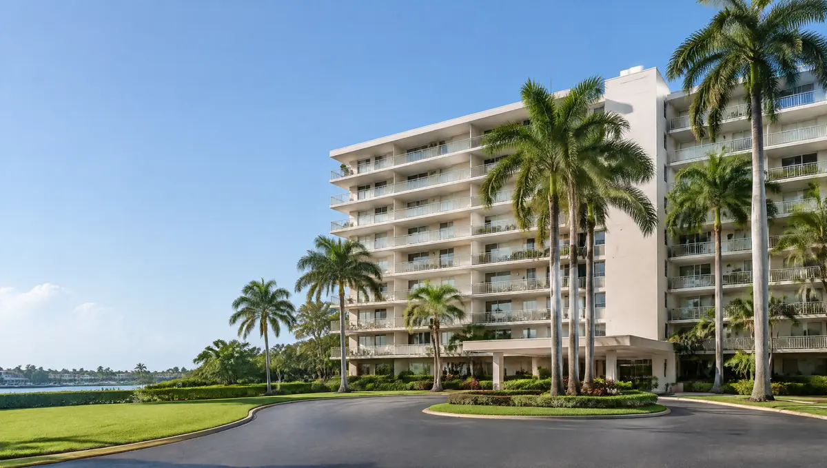 1970s mid-rise condominium with continuous balconies, royal palms and a circular drive