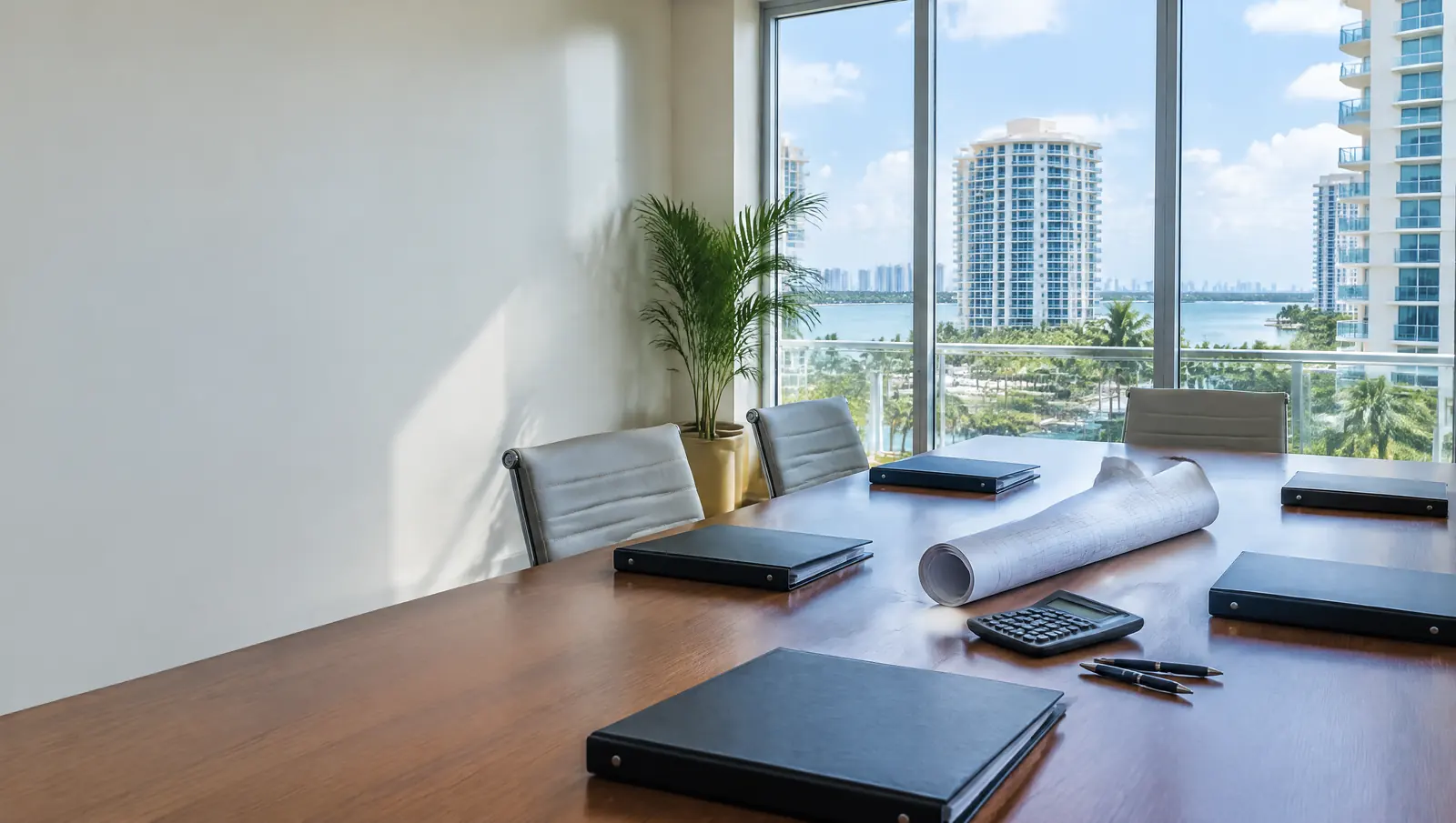 Condominium meeting room table with closed binders, a calculator, pens and rolled building drawings