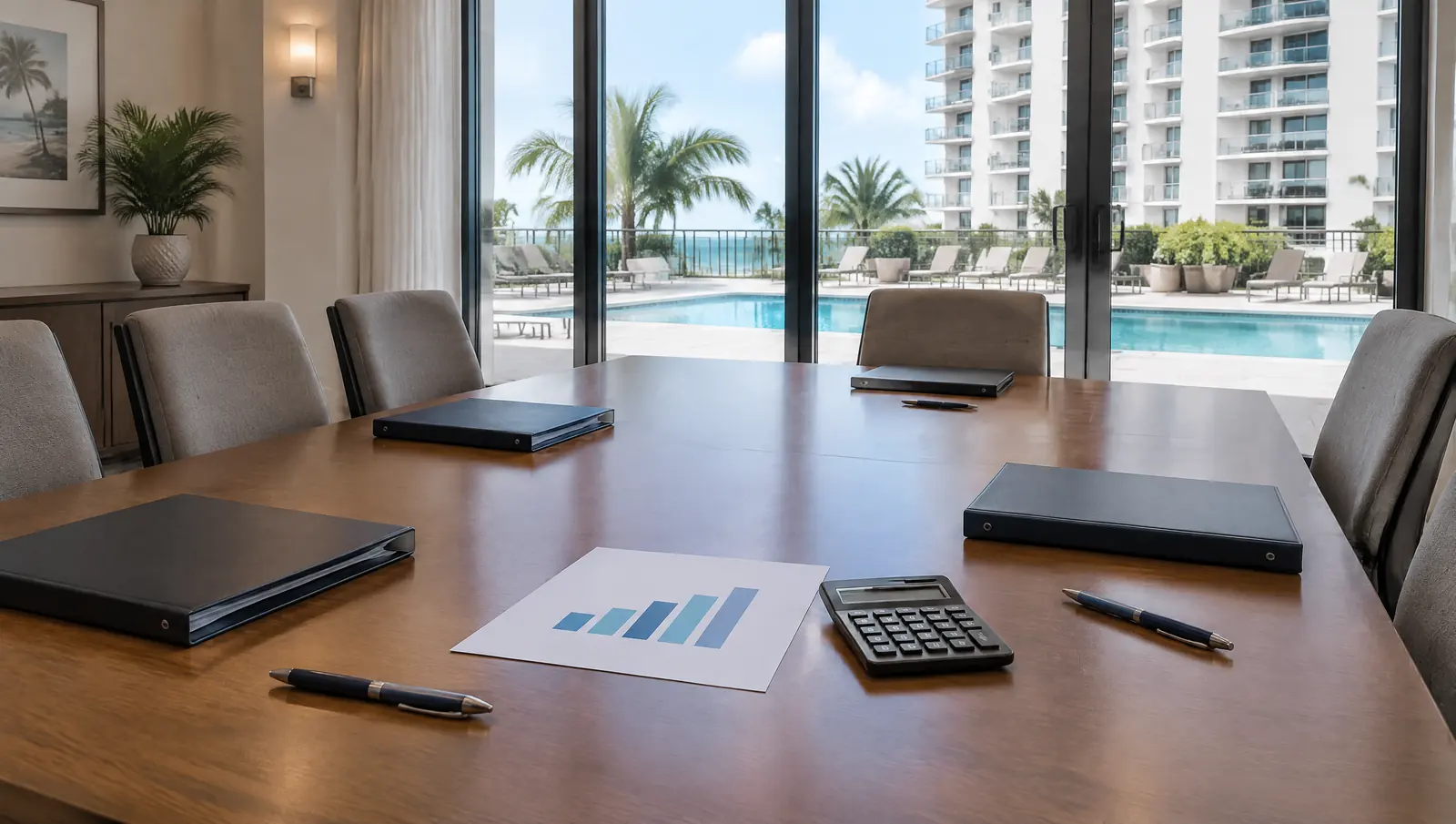 Condominium clubroom table set for a budget meeting with binders, a calculator and a chart, pool deck outside