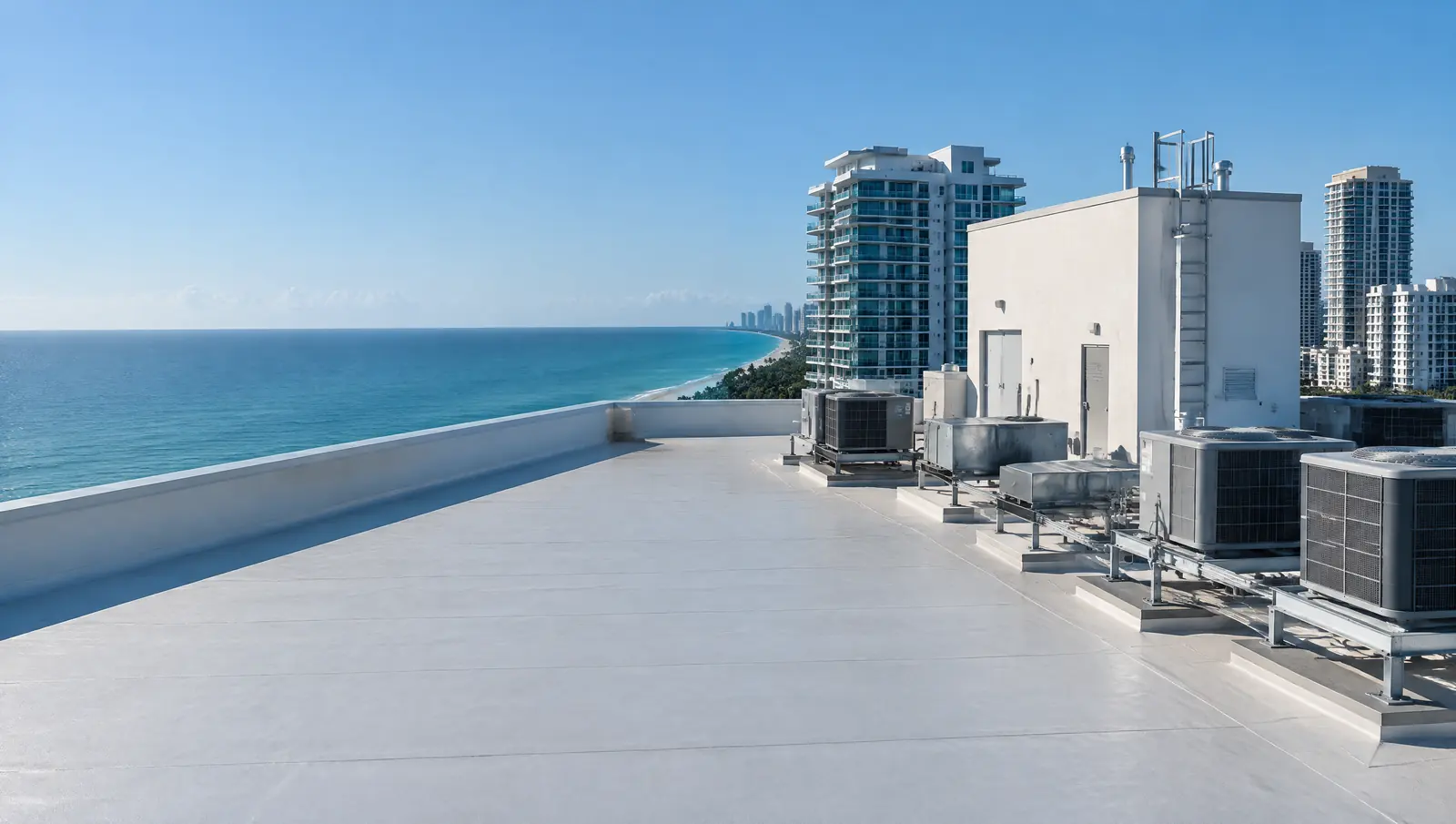Flat roof of a high-rise condominium with membrane roofing, parapets, mechanical units and an elevator machine room