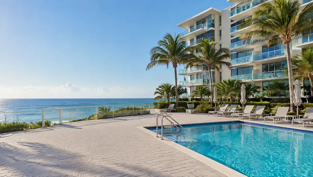 Empty pool deck of an oceanfront condominium with the building's balconies and roofline behind