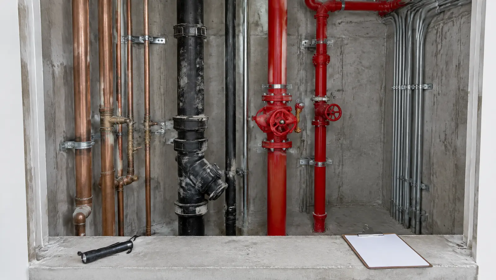 Open utility chase in a condominium with copper and cast iron plumbing risers, red fire sprinkler pipes and electrical conduits