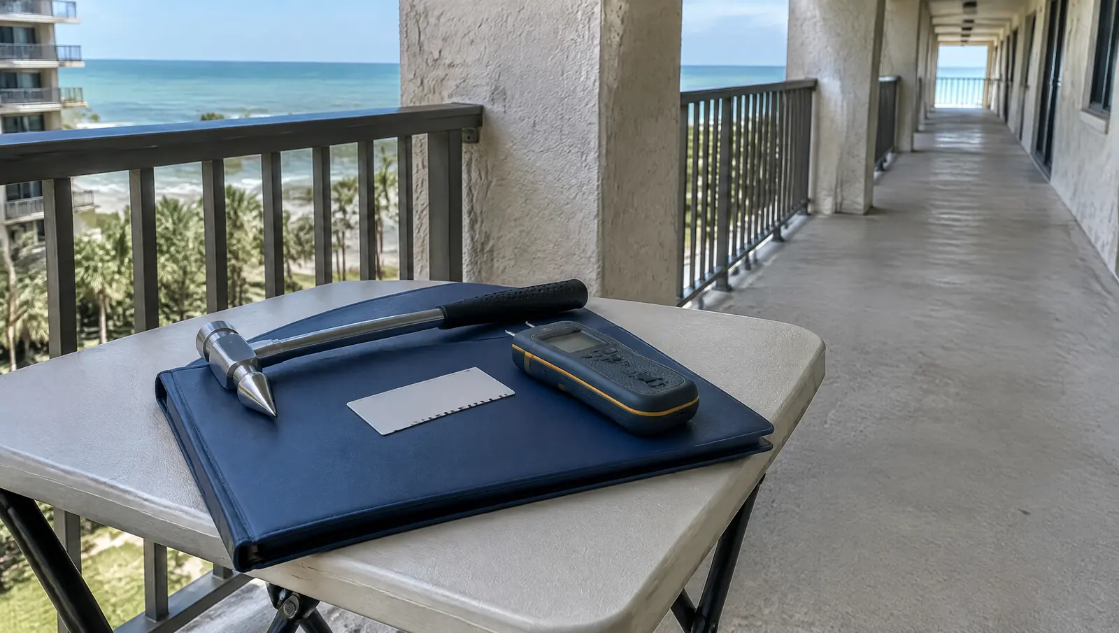 Sounding hammer, crack gauge and moisture meter on a closed binder on a condo exterior walkway