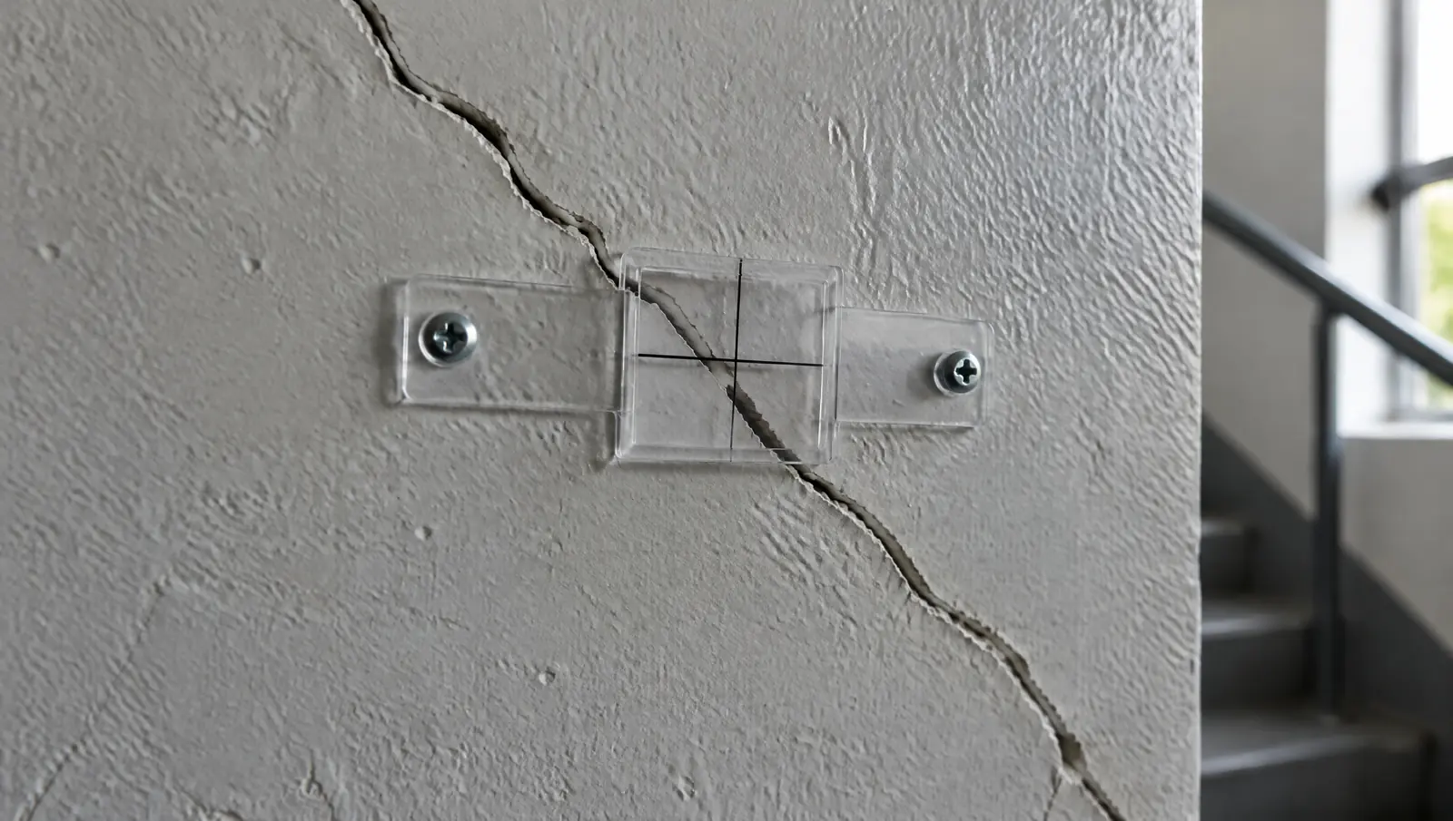 Clear crack monitoring gauge screwed across a diagonal crack in a condominium stairwell wall