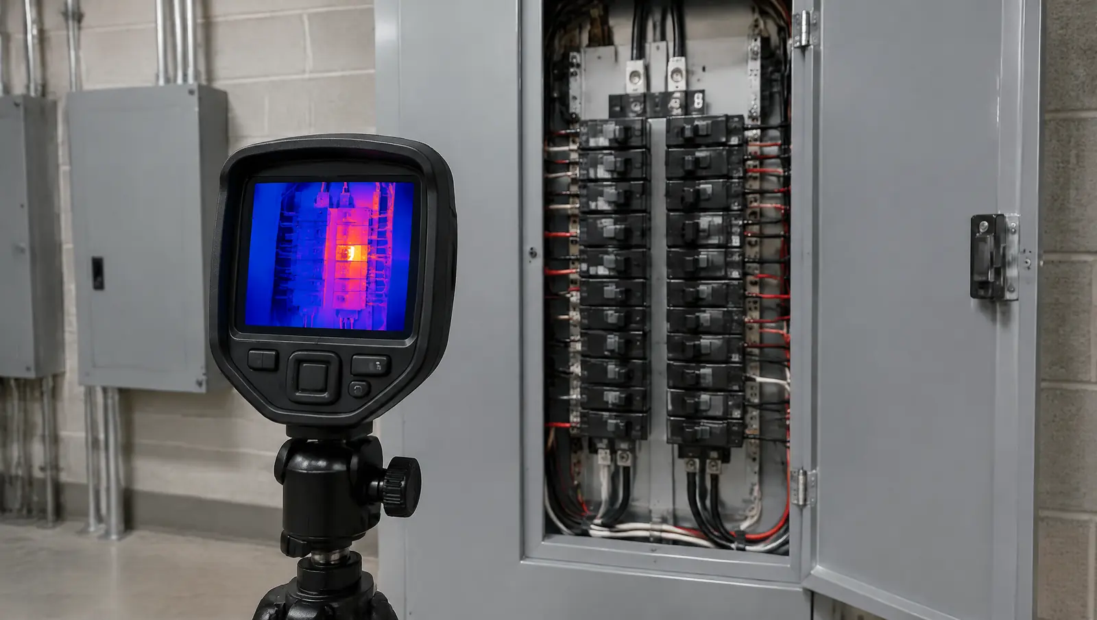 Thermal imaging camera on a tripod showing a hot spot on a breaker in an open condominium electrical panel
