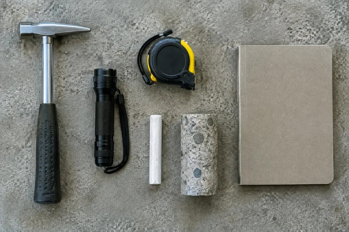 Sounding hammer, flashlight, tape measure, chalk, a concrete core sample and a notebook laid out on concrete