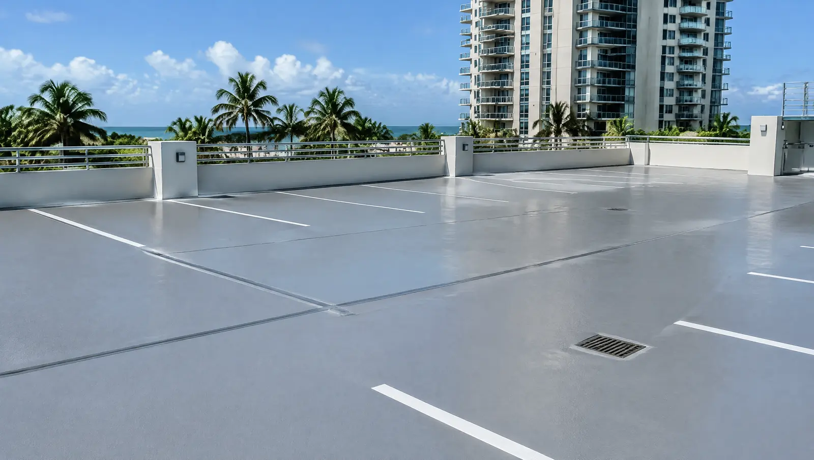 Top deck of a condominium parking garage with a new grey traffic coating and fresh parking lines