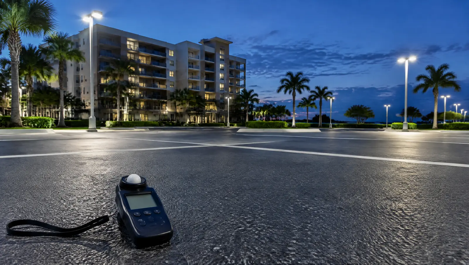 Light meter on the asphalt of a condominium parking lot lit by LED poles at dusk