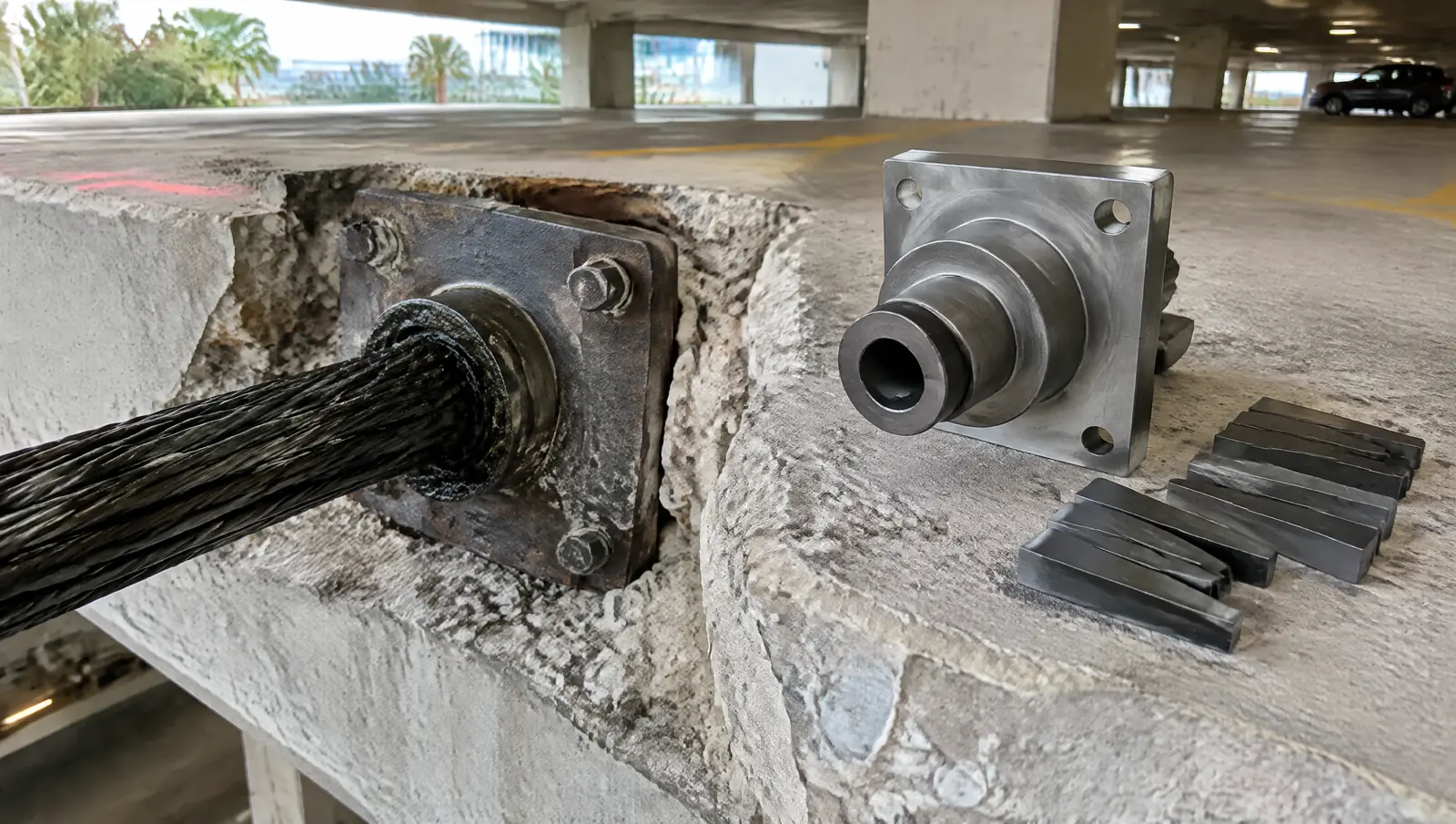 Post-tensioned slab edge opened in a condo garage showing a tendon anchor and strand, with a replacement anchor and wedges beside it
