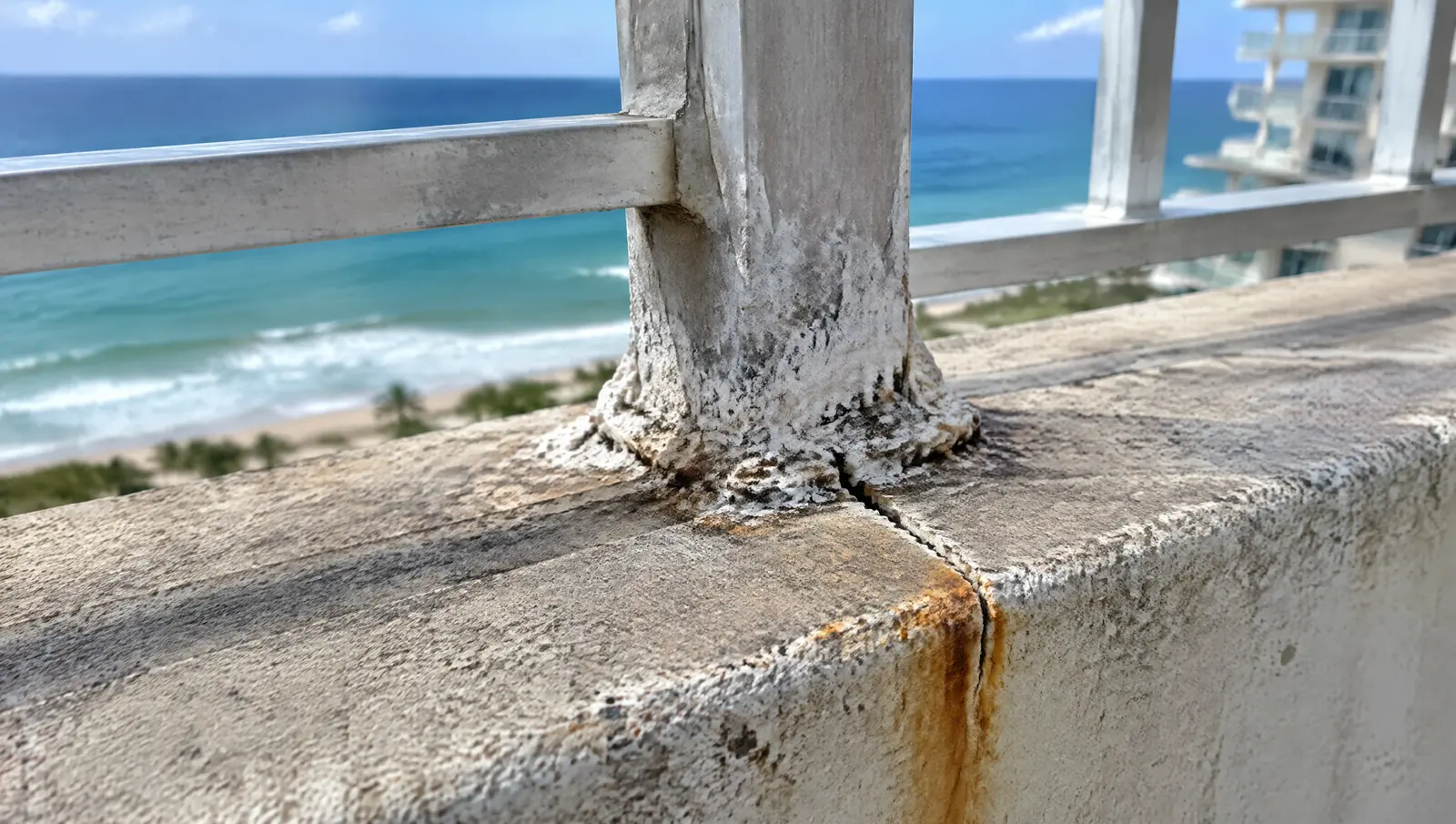 Corroded aluminium railing post base cracking the edge of a concrete balcony slab, with a rust stain below