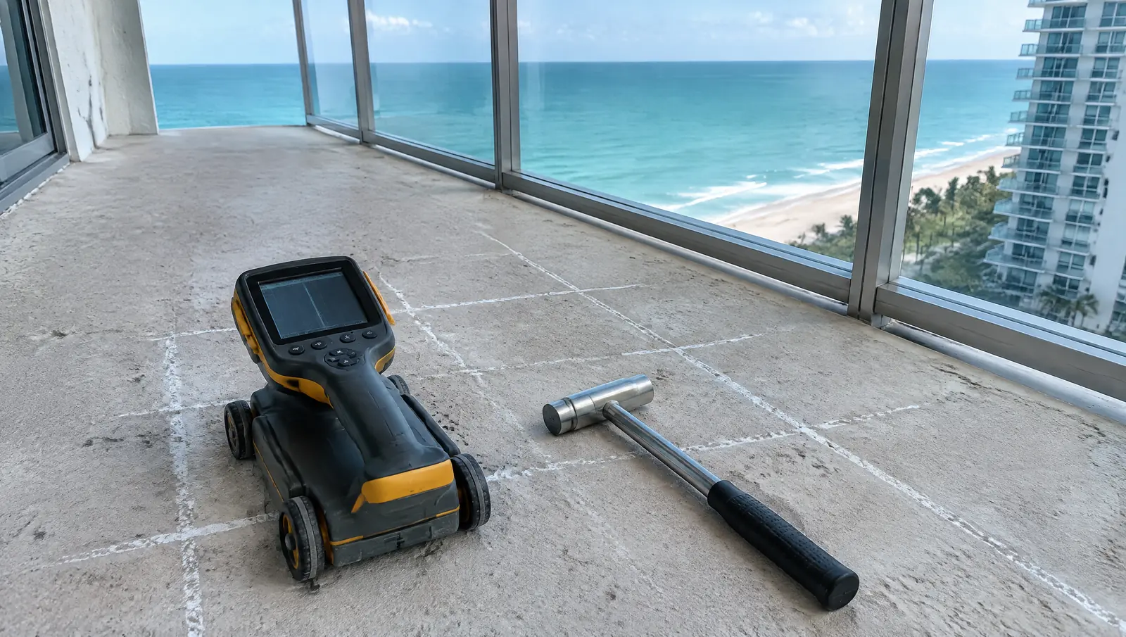 Rebar scanner and sounding hammer on a condo balcony slab marked with chalk grid lines