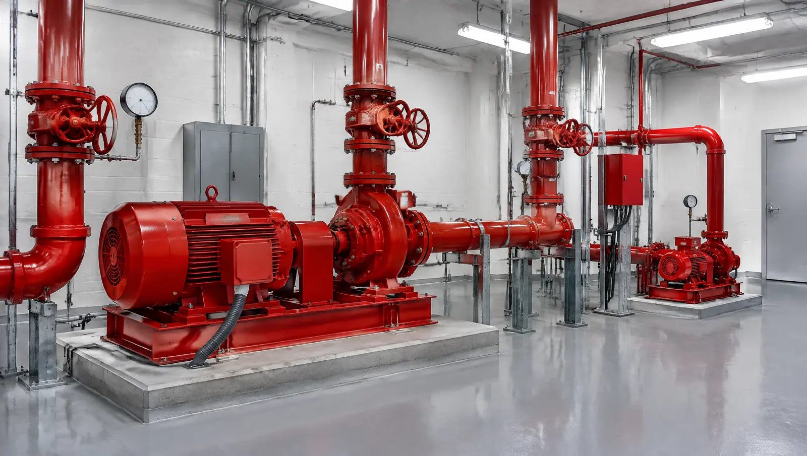 Fire pump room of a high-rise condominium with a red fire pump, sprinkler risers and valves