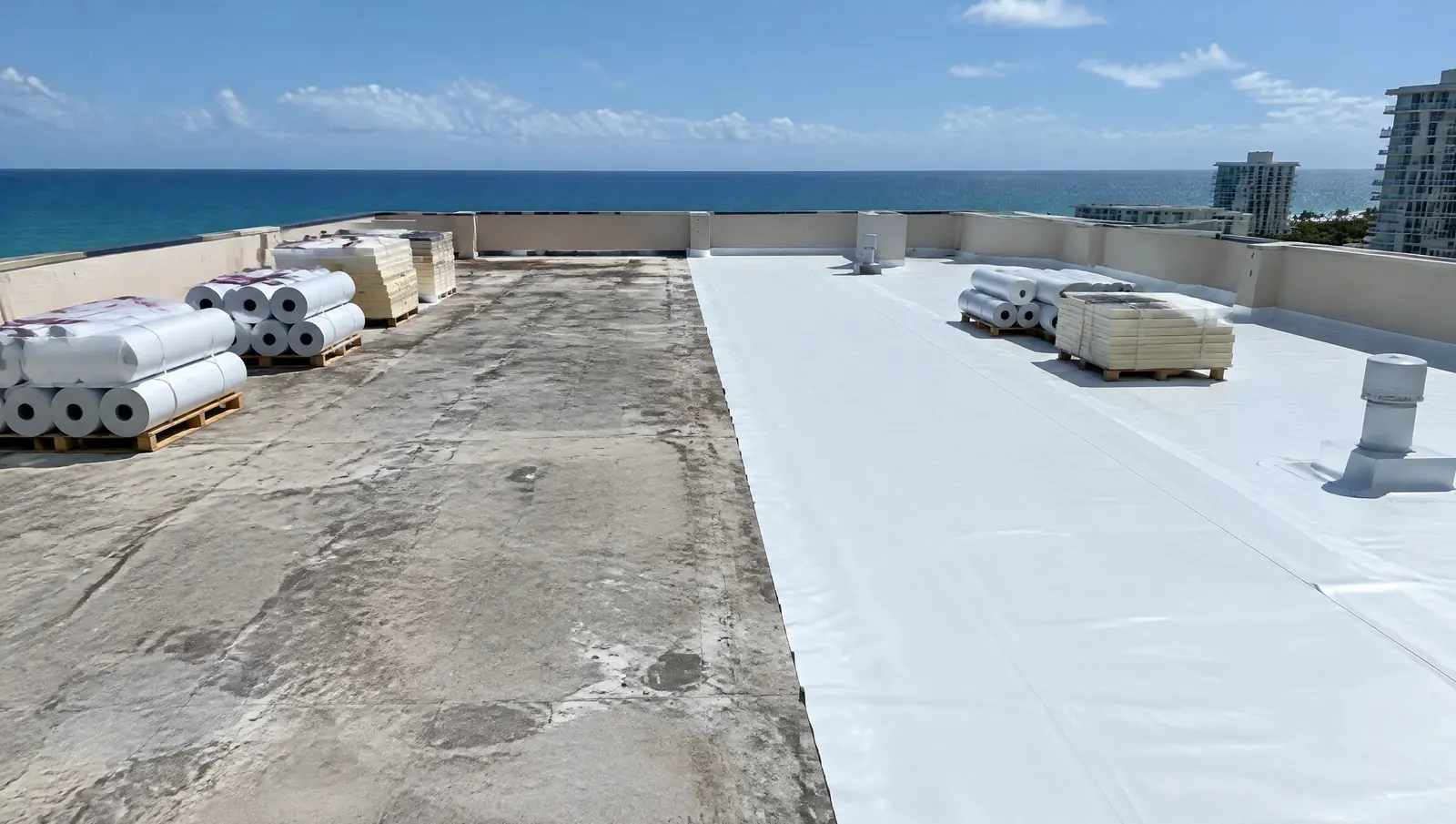 High-rise condominium roof half stripped to the deck and half covered with new white membrane, with rolls of membrane on pallets